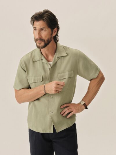 Light Agave Draped Linen Deuce Coupe Camp Shirt