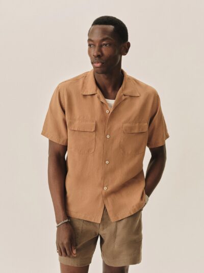 Cinnamon Draped Linen Deuce Coupe Camp Shirt