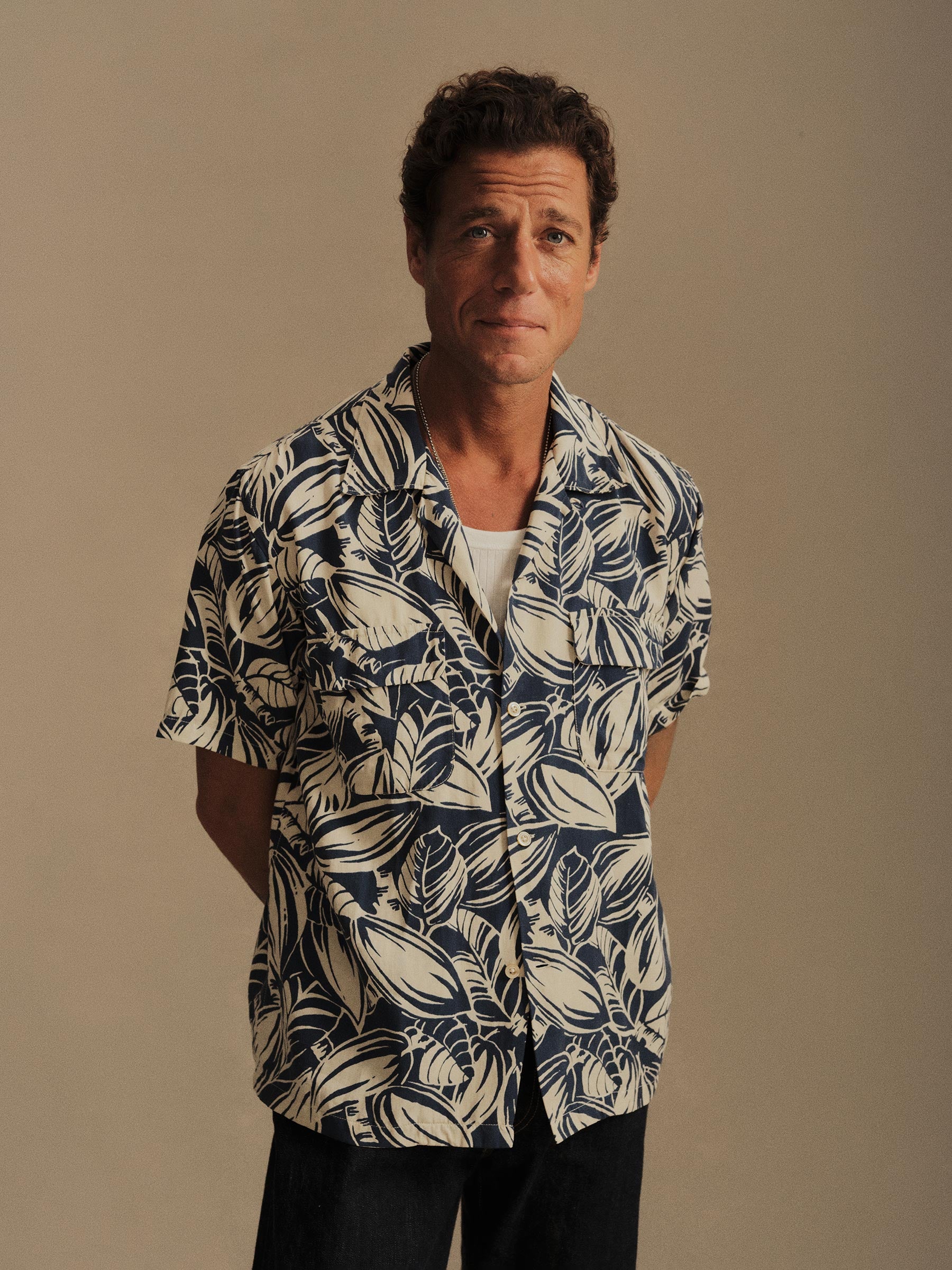 Natural / Island Blue Draped Linen Deuce Coupe Camp Shirt