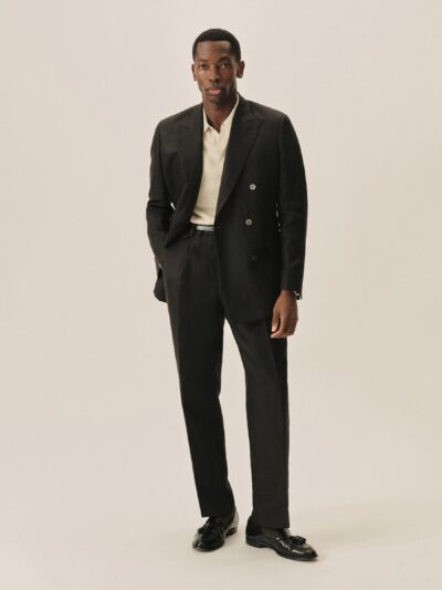 Black Charcoal Linen Herringbone Hollywood Pleated Trouser