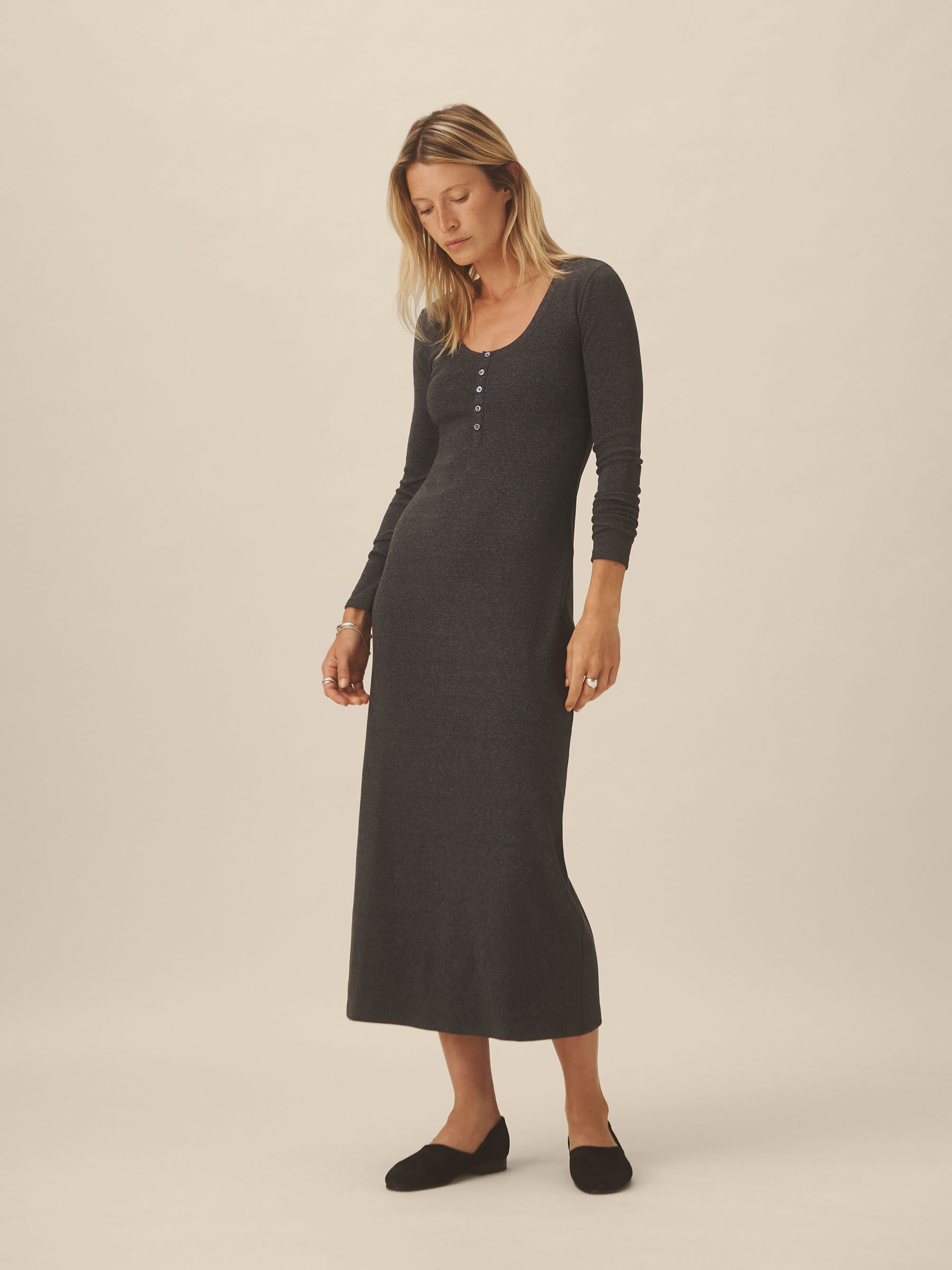Dark Heather Grey Surplus Rib Scoop Henley Dress - Image 2