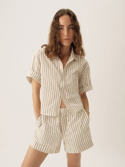 Natural / Brown Reef Stripe Mainstay Cotton Cut-Off Short Sleeve Button Down