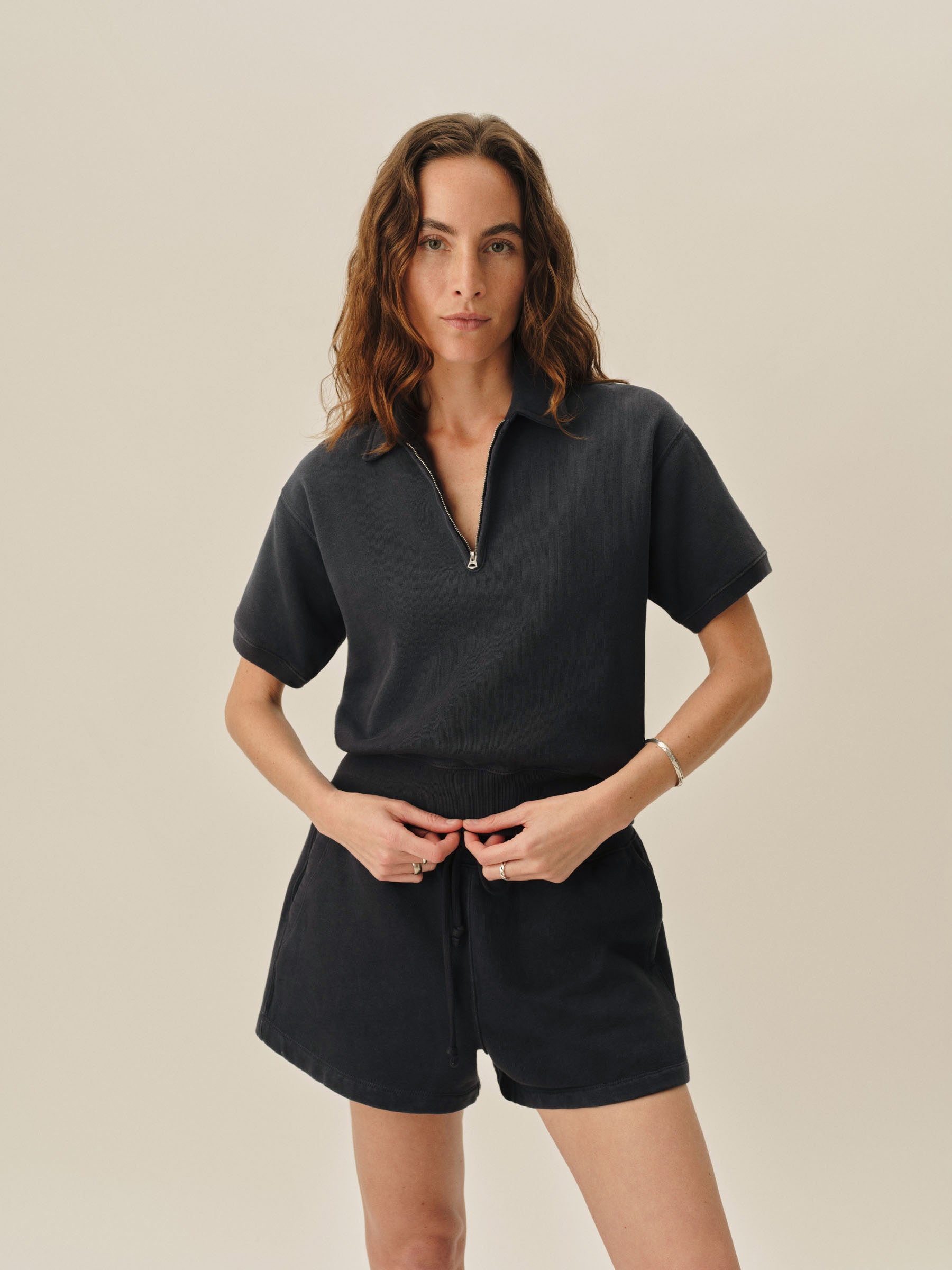 Dark Navy Venice Wash Vintage Interloop Short Sleeve Quarter Zip - Image 2