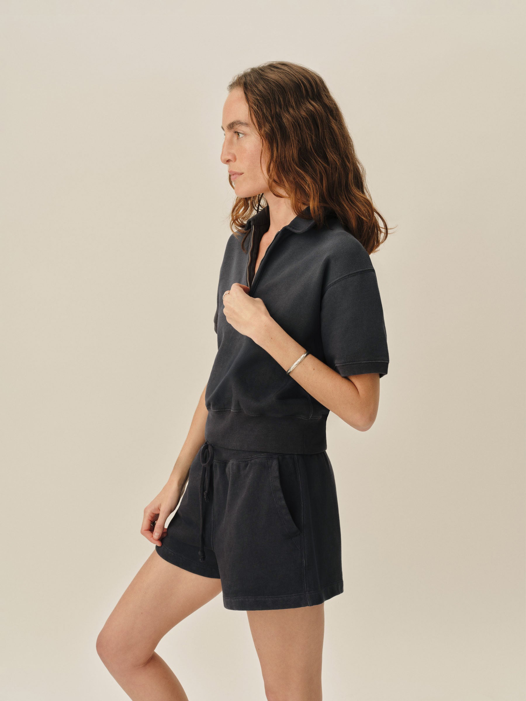 Dark Navy Venice Wash Vintage Interloop Short Sleeve Quarter Zip - Image 3