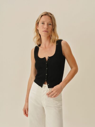 Black Coastal Linen Pointelle Button Down Tank