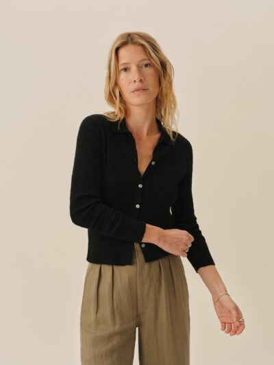 Black Coastal Linen Rib Collared Cardigan