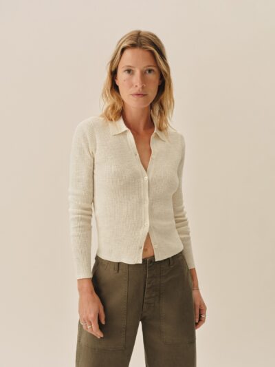 Soft White Coastal Linen Rib Collared Cardigan