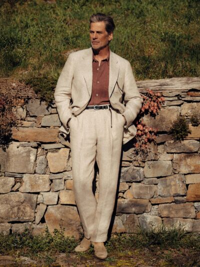 Natural Linen Herringbone Hollywood Pleated Trouser