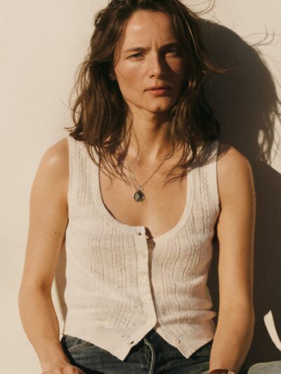 Soft White Coastal Linen Pointelle Button Down Tank